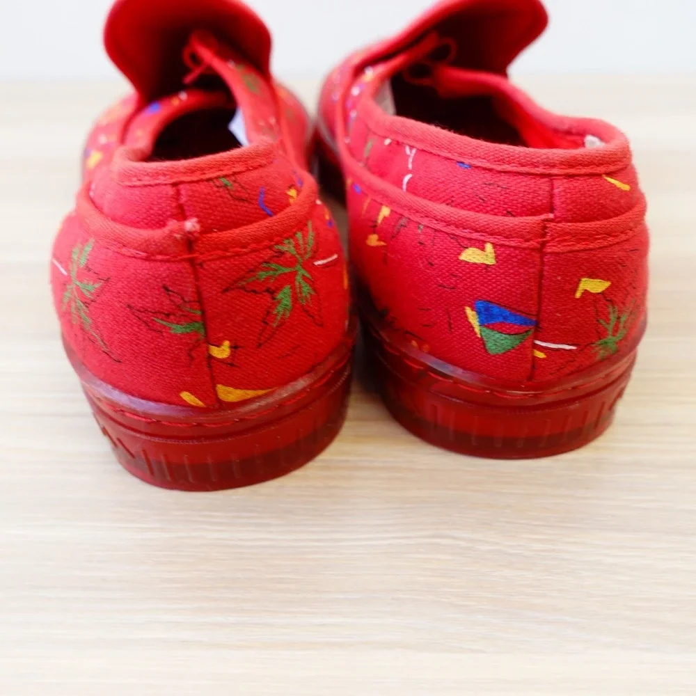 VINTAGE 80s Tropical Canvas Slip On Shoes Mens 6 M Red Boat Loafer Vacation 241